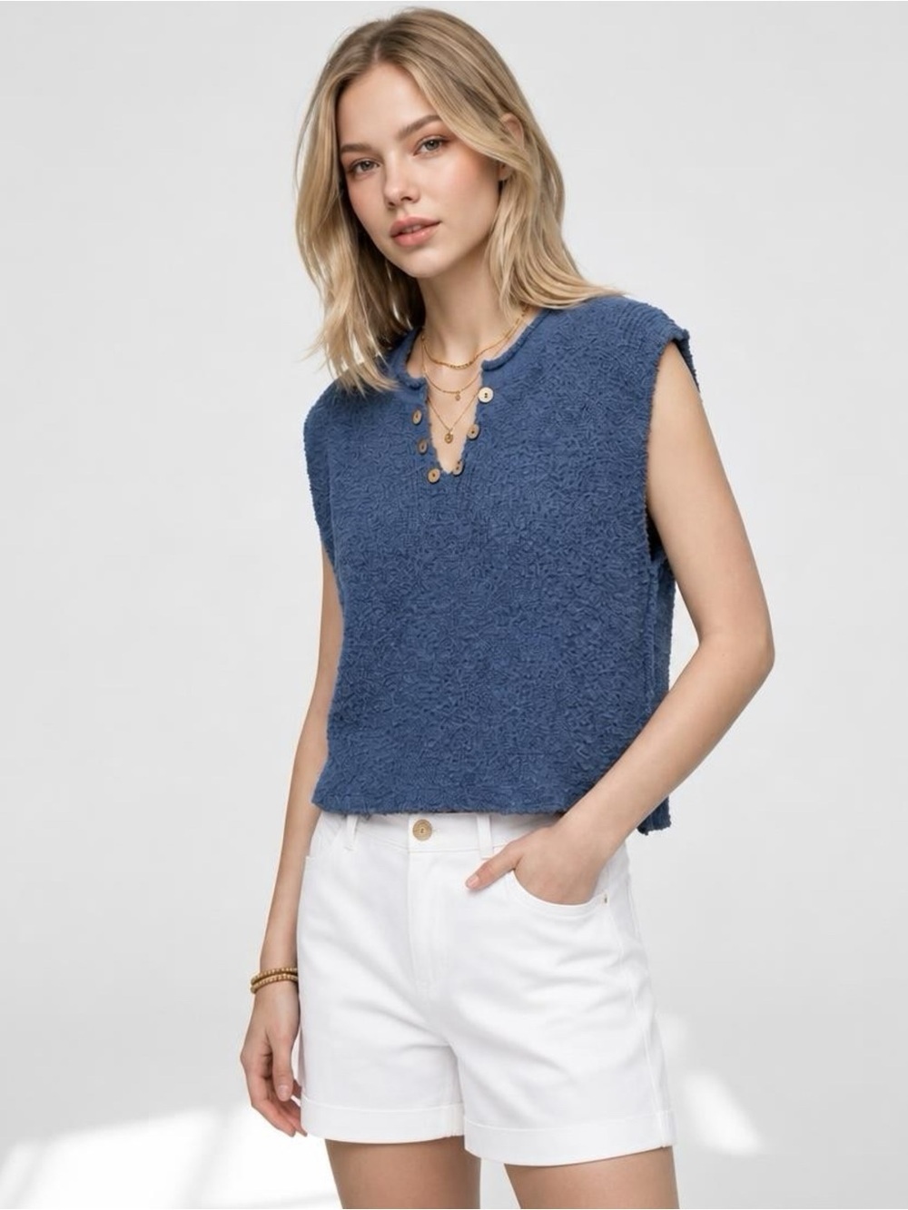 LA MIEL Slouchy Bouclé Knit Vest in Dusty Indigo Women’s size S/M New